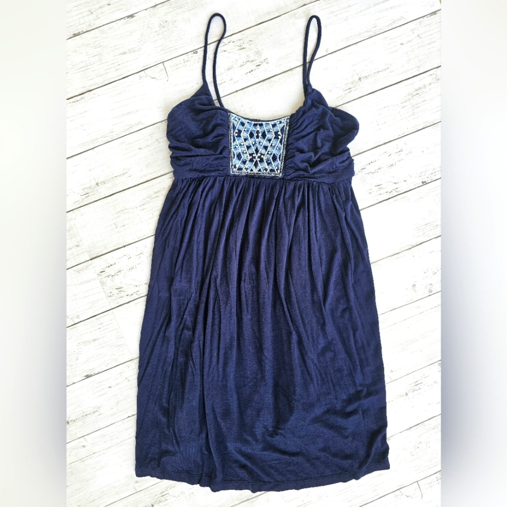 NEW rue21 Navy Blue White Pearl Beaded Summer Beach Dress Spagetti Straps Mini